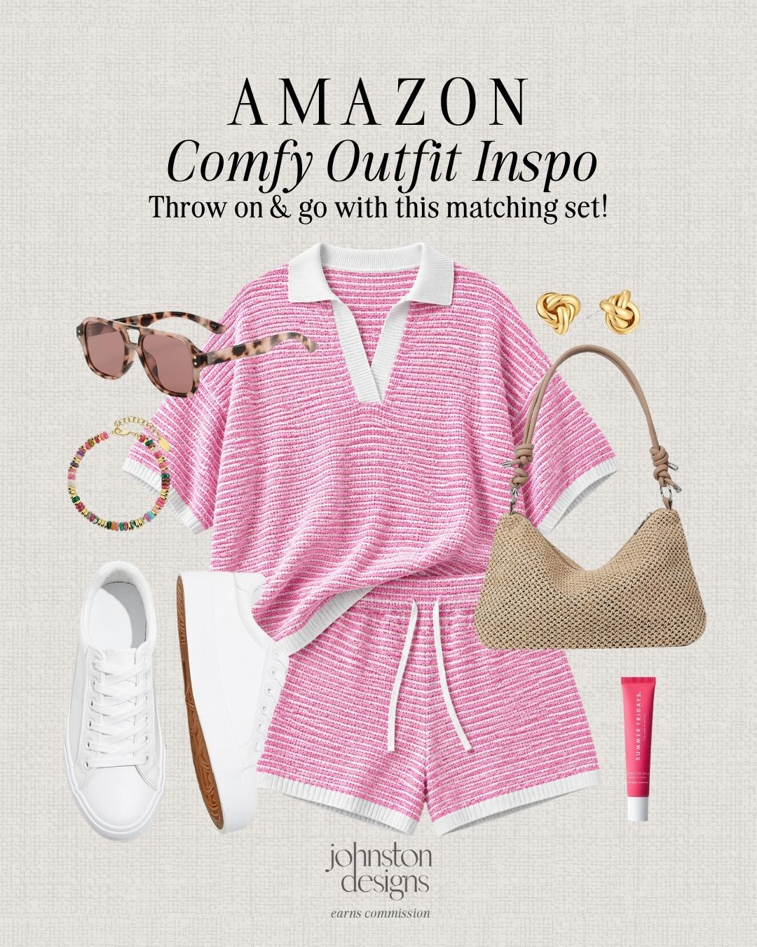 Amazon comfy outfit inspo with an easy matching set, white sneakers and casual everyday accessories. 💕

Amazon matching set, comfy outfit inspo, pink lounge set, throw on and go outfit, white sneakers, woven shoulder bag, tortoise sunglasses, colorful bracelet, gold knot earrings, casual Amazon style, weekend outfit idea, summer lounge set, easy errand outfit, affordable Amazon fashion, everyday comfy look 

 #LTKootd