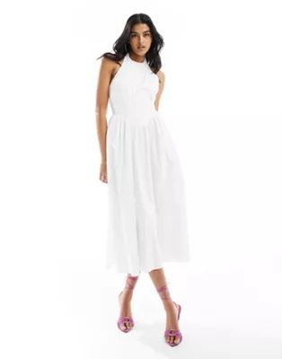 Bardot poplin midi dress in white | ASOS | ASOS (Global)