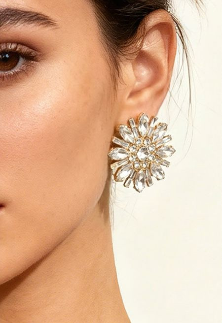 Full Rhinestones Sunflower Earrings in Silver | Chicwish