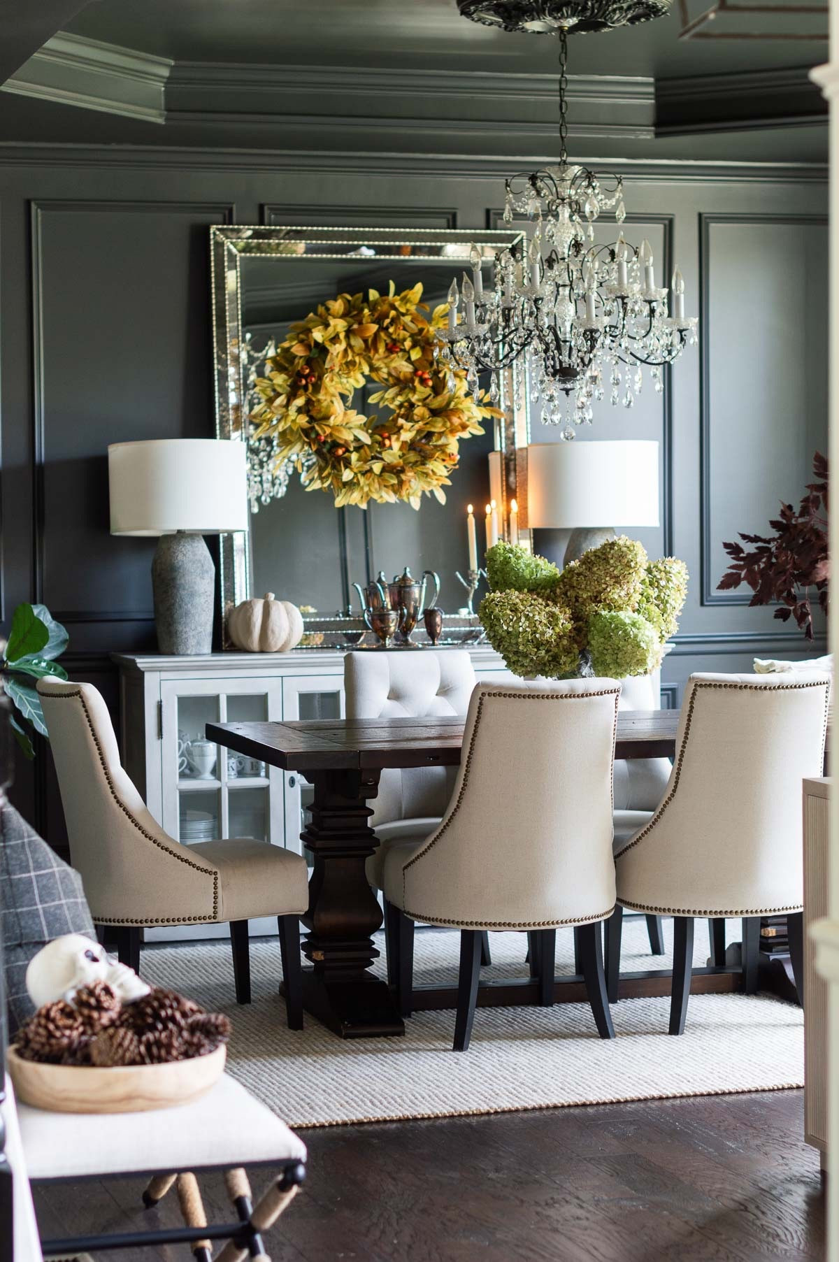 My dining room mirror is the perfect frame for a seasonal wreath, like this fall foliage and berry pod fall wreath. Limelight hydrangeas also make the ideal arrangement, and as a tip, they will dry naturally. home decor dining room decor fall decor cement lamps jute rug

#LTKStyleTip #LTKHome #LTKSeasonal