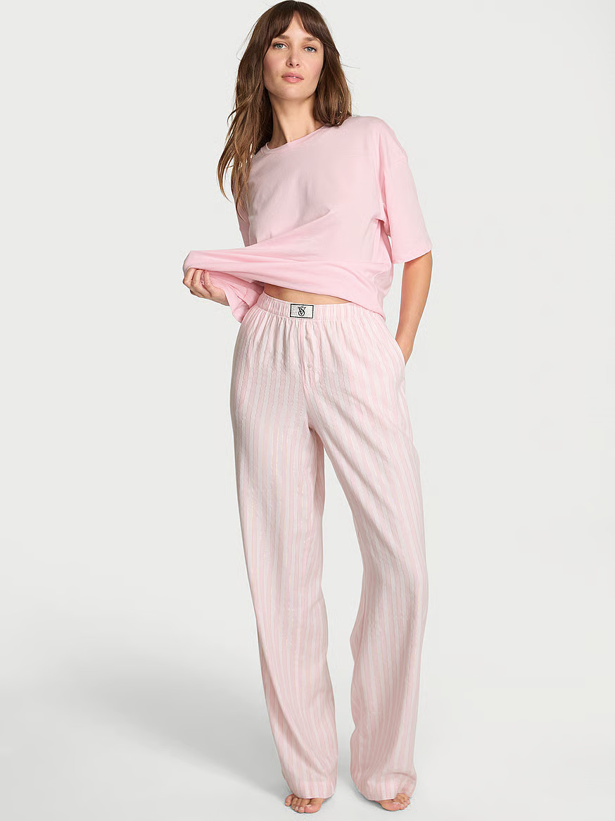 Buy Flannel Short-Sleeve Long Tee-Jama Set, Core Lurex Stripe Coconut White/Pretty Blossom - Orde... | Victoria's Secret (US / CA )