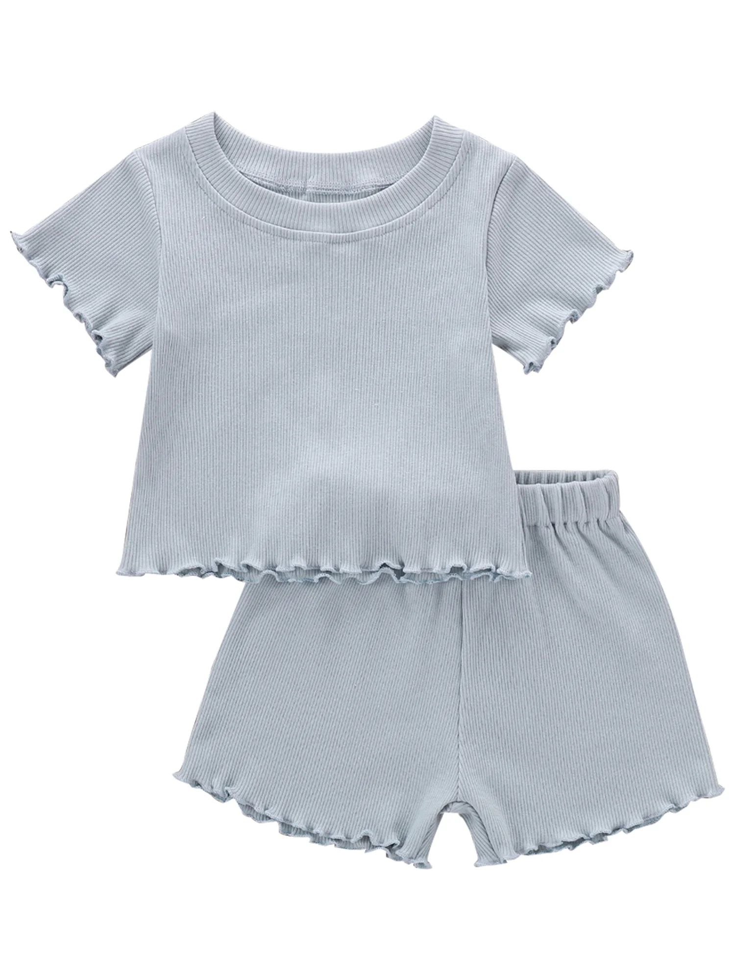 Musuos 2Pcs Baby Girls Ruffle Ribbed Knit Short Sleeves T-Shirt Tops Elastic Waist Shorts | Walmart (US)