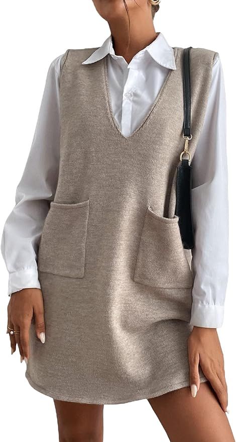 OYOANGLE Women's V Neck Sleeveless Knitted Solid Short Sweater Dress with Pockets Khaki S at Amaz... | Amazon (US)