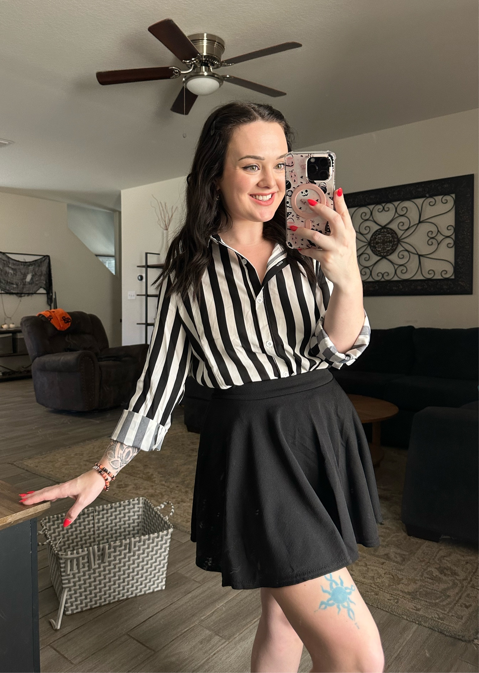 Found my outfit to see the new Beetlejuice in. 👀 Everything runs TTS! 

Striped button down shirt for women, black mini skirt 

#LTKFallSale #LTKFindsUnder50 #LTKSeasonal