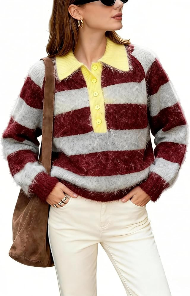 Majdan Women's Striped Polo Sweater V Neck Long Sleeve Ribbed Cuff Relaxed Fit Fall Casual Office... | Amazon (US)