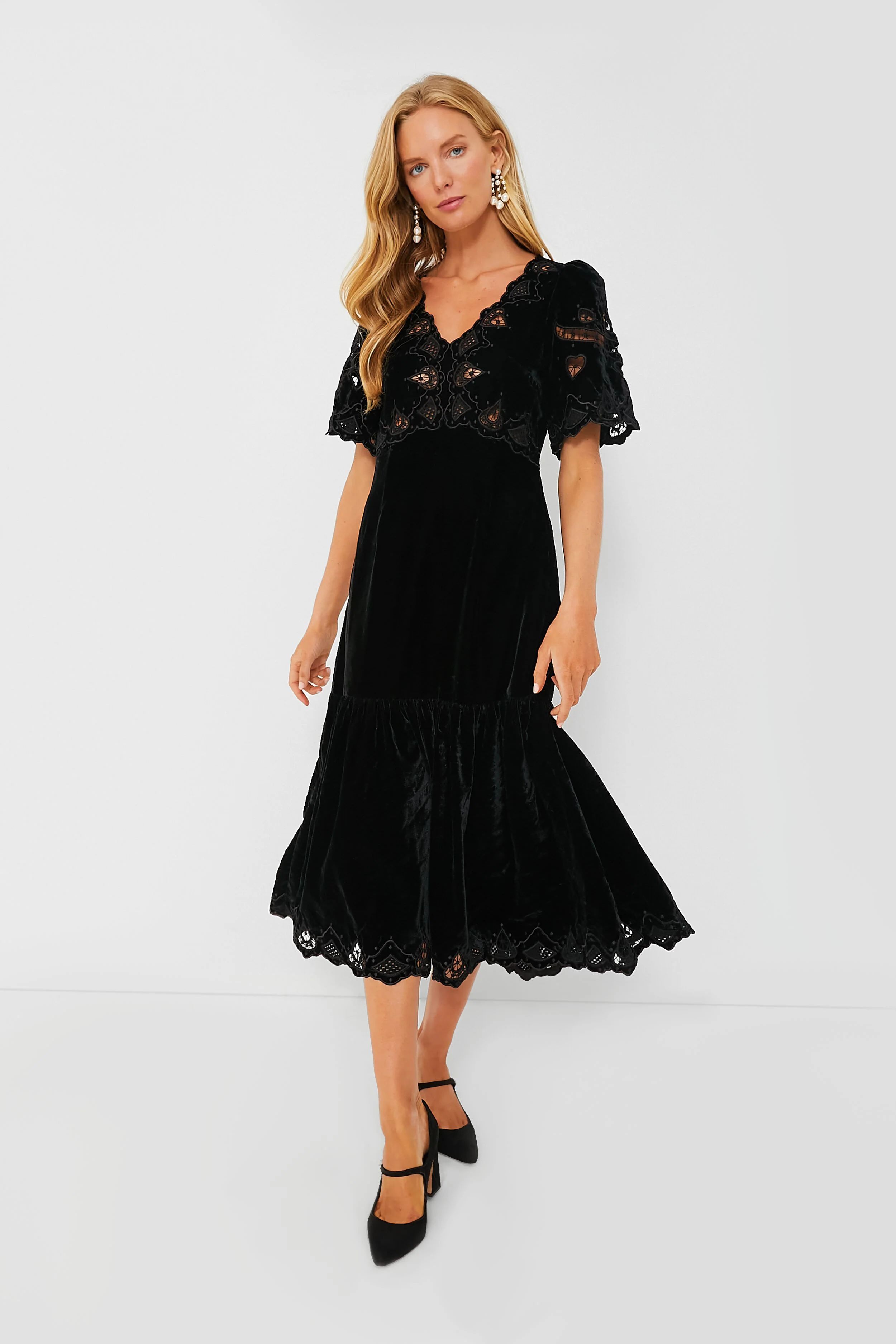 Black Eliana Embroidery Short Sleeve V-Neck Dress | Tuckernuck (US)