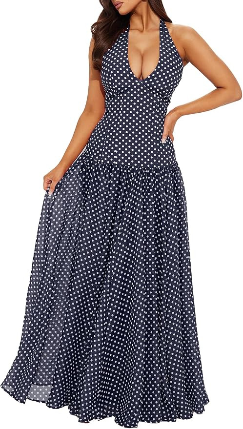 Women's Polka Dot Maxi Dress Halter Neck Sleeveless Drop Waist Flowy Summer Wedding Beach Sundres... | Amazon (US)