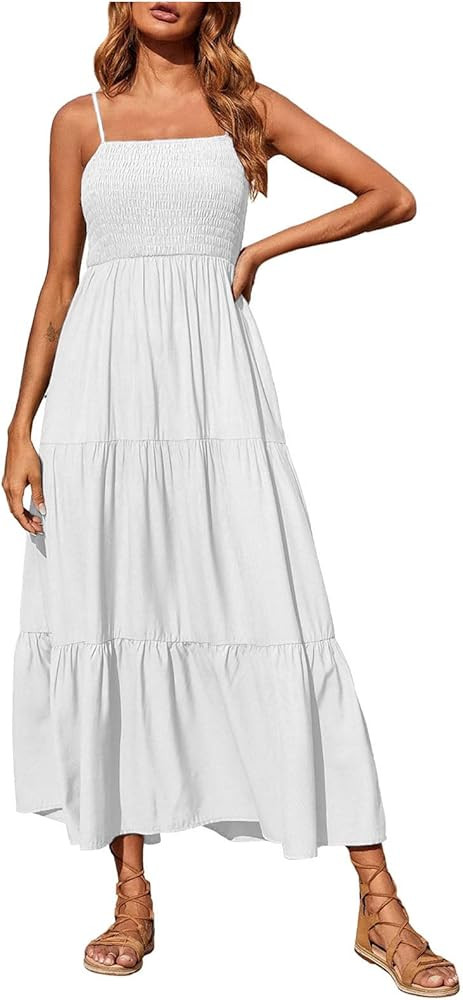 Dresses for Women 2024 Casual Bohemian Spaghetti Strap Smocked Tiered Long Beach Dresses Sleevele... | Amazon (US)