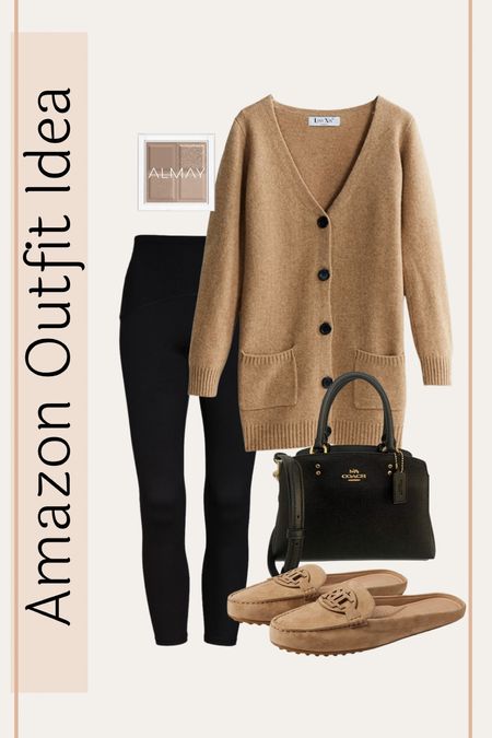 Cute casual outfit idea from Amazon! Brown button up cardigan sweater, black leggings, black Coach bag, brown tan slide mules, and brown eye shadow!  Cute cozy winter outfit idea! Winter outfits! 

#LTKitbag #LTKSeasonal #LTKshoecrush