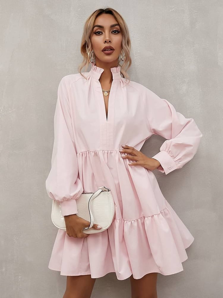 RUBIL Dresses for Women - Notch Neck Smock Dress (Color : Baby Pink, Size : Small) | Amazon (US)