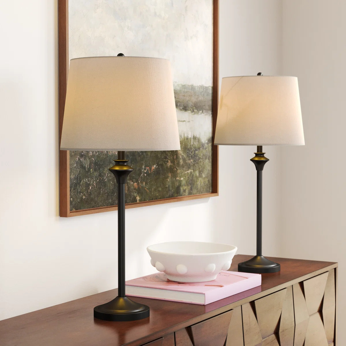 Lolley 26" Modern Metal Table Lamp with Knob Switch and Linen Shade (Set of 2) | Wayfair North America