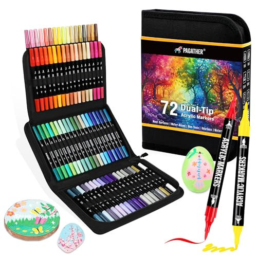 Pagather 72 Colors Acrylic Paint Markers, Dual Tip with Fine Tip and Brush Tip Pens for Stone, Wood, Calligraphy, Canvas, Ceramic, Metal, Glass, Rock Painting, DIY Crafts Art Supplies Kit | Amazon (US)