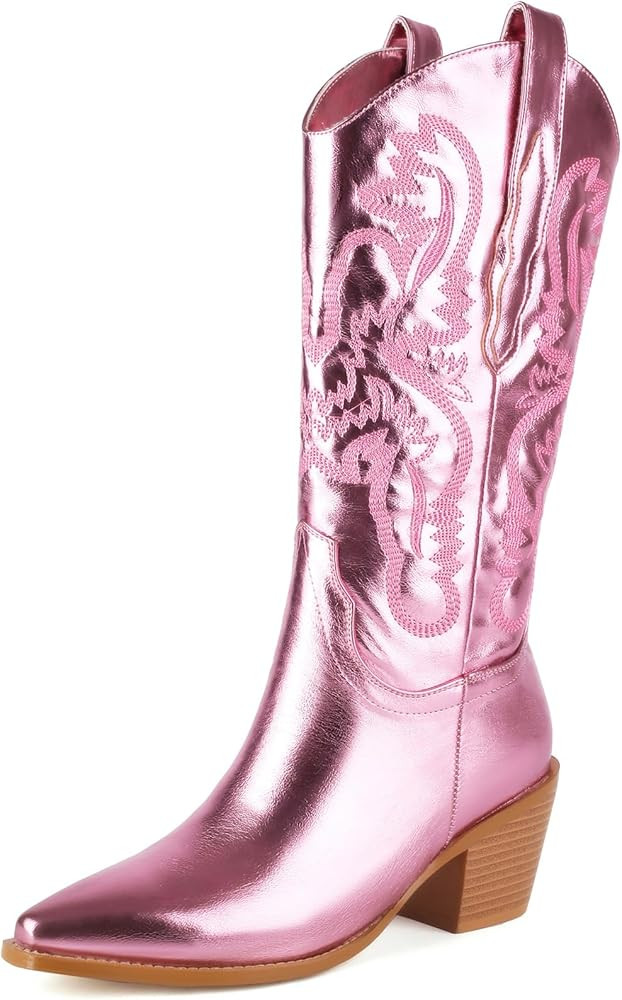 Women's Embroidered Western Cowgirl Boots, Pointed Toe Mid-Calf for Ladies Chunky Heel Pull On Co... | Amazon (US)