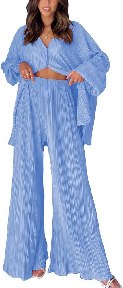 ARTFREE Womens Loungewear Set 2 Pieces Casual Pleated Outfits Sweatsuits Long Sleeve Button Down ... | Amazon (US)