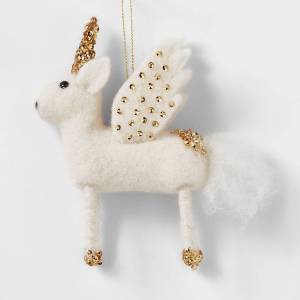 Boiled Wool White Unicorn Pegasus with Gold Sequin Wings Christmas Tree Ornament - Wondershop™ | Target