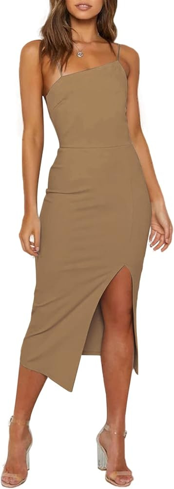 Women's Spaghetti Straps Split Hem Sleeveless Zipper Bodycon Midi Dress | Amazon (US)