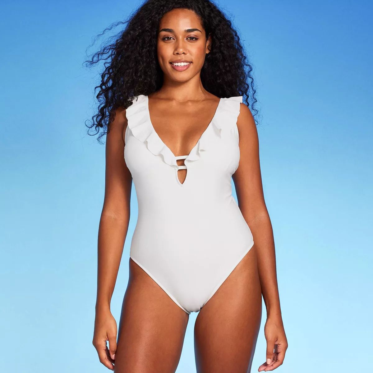 Women'sRuffle Plunge One Piece Swimsuit - Shade & Shore™ Off-White L: Adjustable Straps, Cheeky... | Target