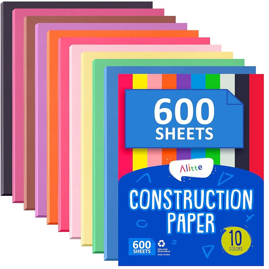 Alitte Construction Paper Assorted Colors - (600 Sheets, 9x12), Craft Paper, 10 Bright Colors - B... | Amazon (US)
