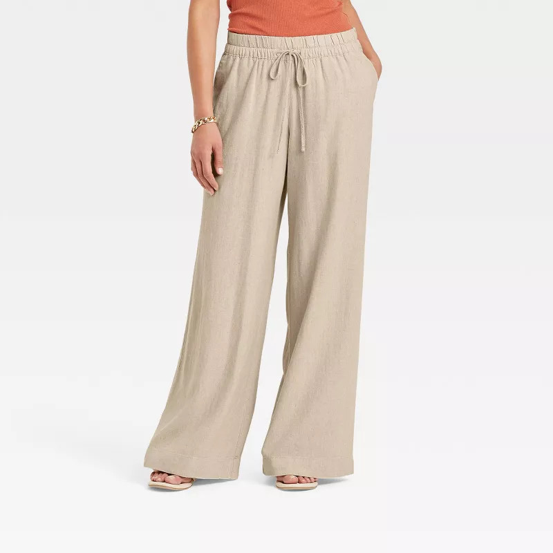 Women's High-Rise Wide Leg Linen Pull-On Pants - A New Day™ Tan L | Target