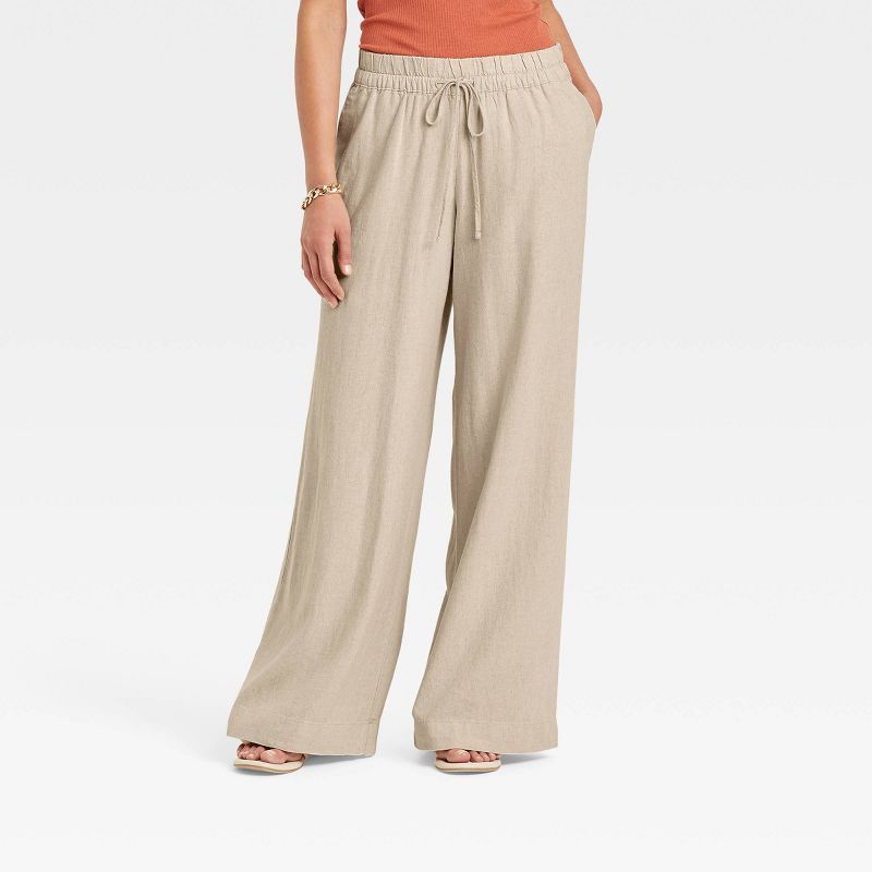 Women&#39;s High-Rise Wide Leg Linen Pull-On Pants - A New Day&#8482; Tan L | Target