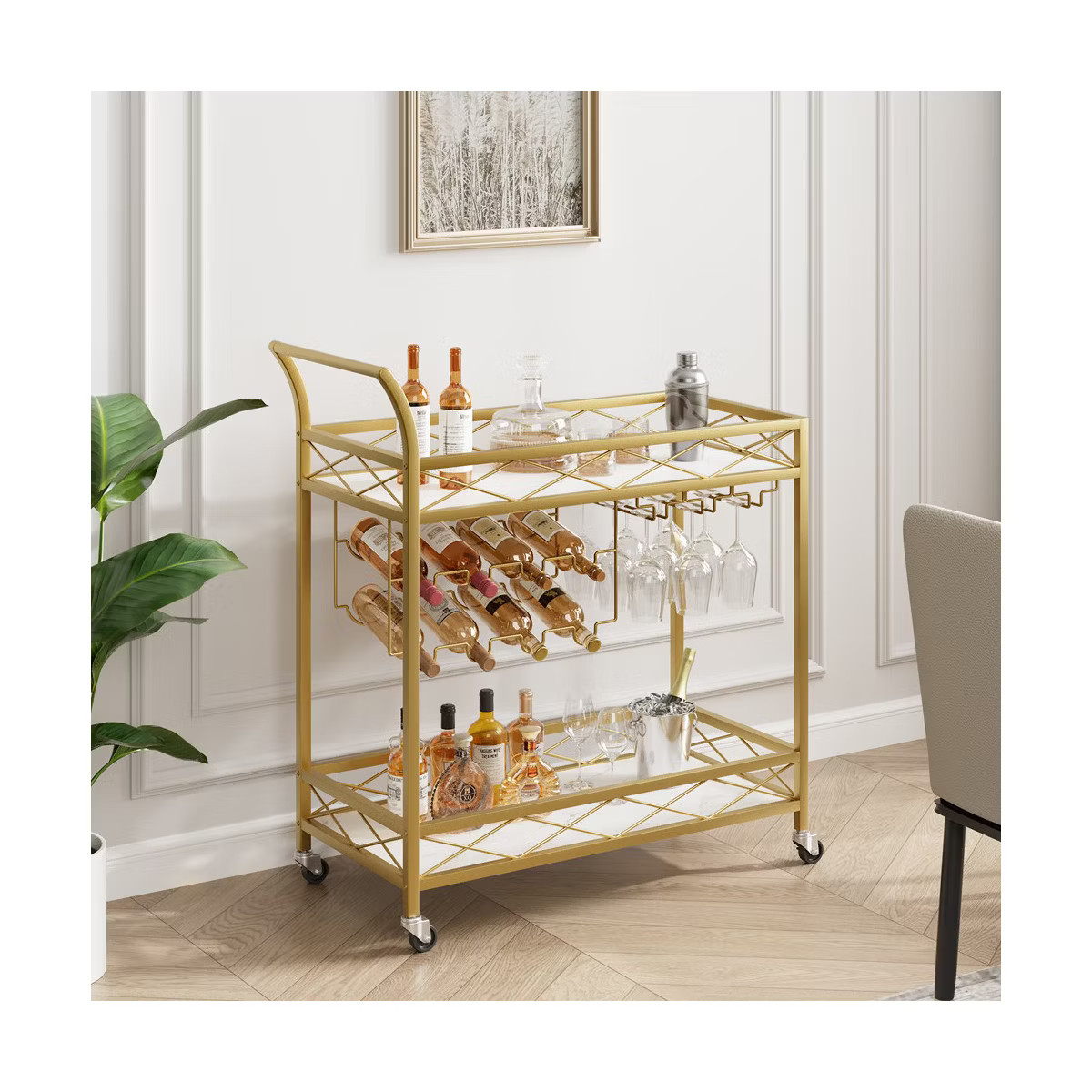 Gold Bar Carts with 2-Tiers Storage Shelves, Mobile Kitchen Seving Carts on Wheels with Wine Rack... | Target