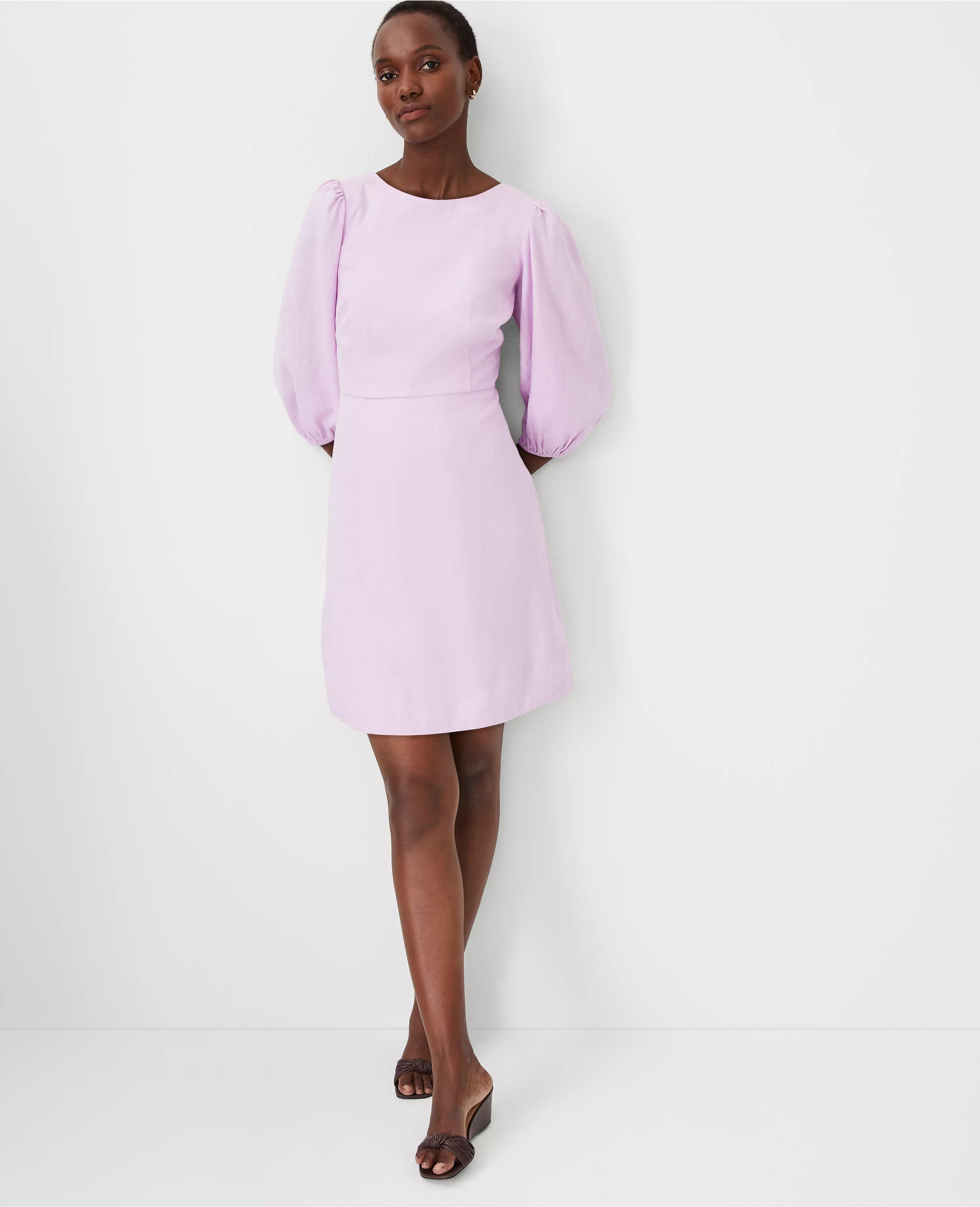 Linen Blend Open Back Flare Dress | Ann Taylor (US)