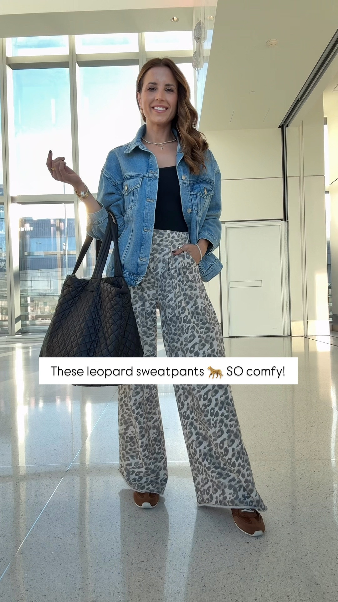 My travel outfit of the day! Leopard trouser style sweatpants in XXS regular. Denim jacket in XXS petite. Tory Burch suede sneakers are SO comfy! I went up half a size! Fall outfit. Airport outfit. MZ Wallace quilted travel tote. 

#LTKTravel #LTKItBag #LTKShoeCrush