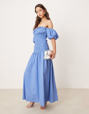 Abercrombie &amp; Fitch off-the-shoulder smocked low waist maxi dress in blue tile print | ASOS (Global)