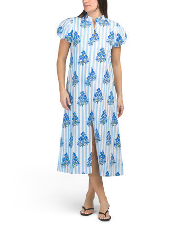 Striped Floral Block Print Puff Sleeve Midi Dress for Women | Cotton | Marshalls