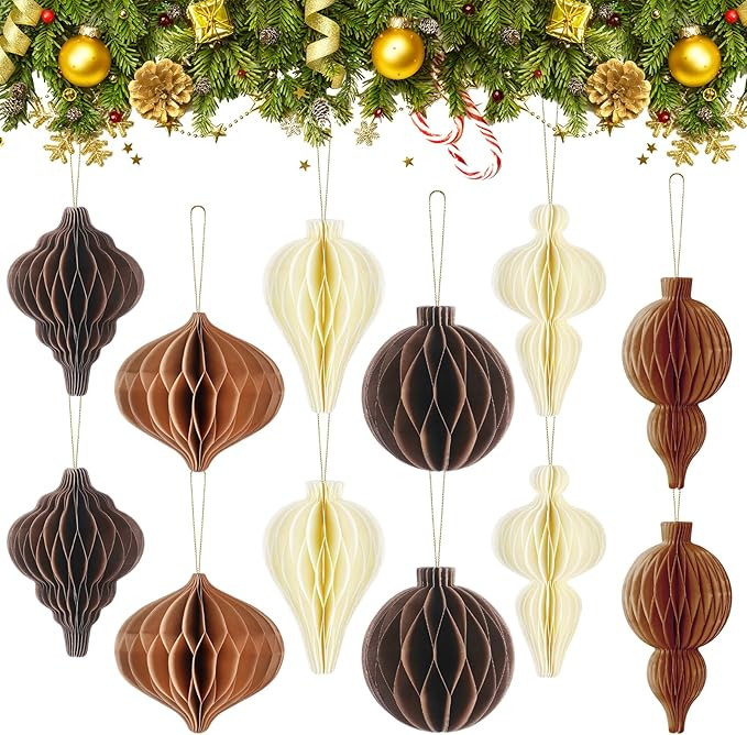 12 Pcs Christmas Paper Honeycomb Ornaments Neutral Paper Lantern Ornament Vintage 3D Hanging Hone... | Amazon (US)