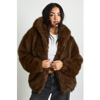 boohoo Women's Premium Faux Fur Hooded Jacket in Chocolate | Size: 10 | Plastic | boohoo (US & Canada)