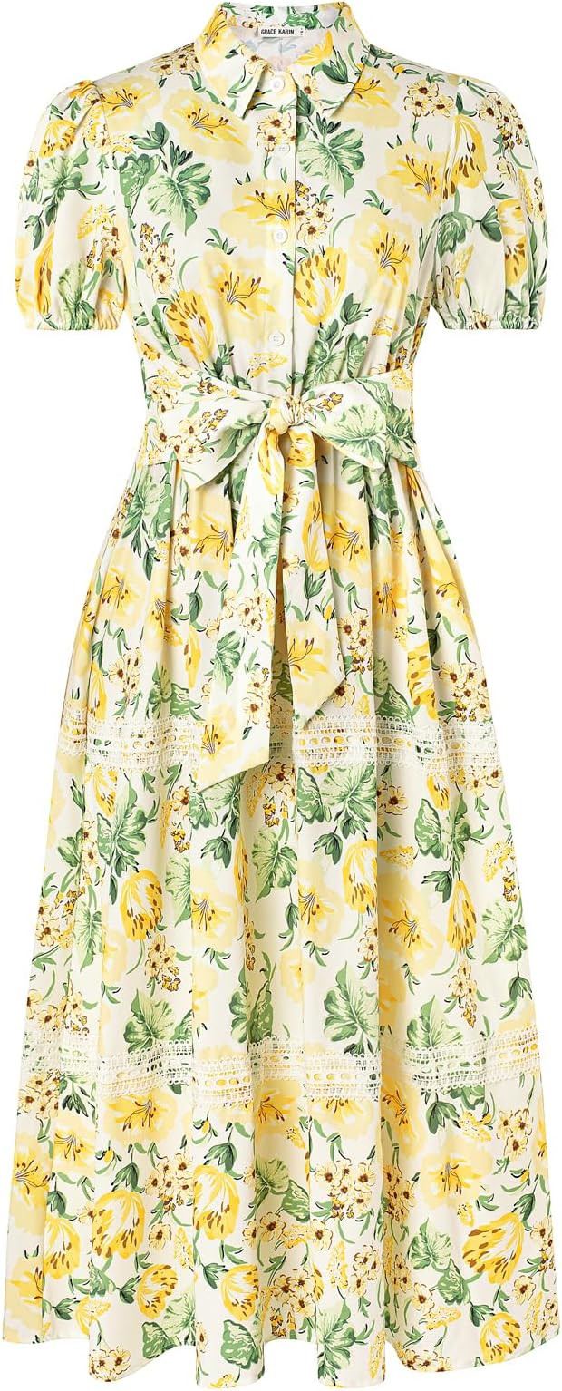 GRACE KARIN Women's 2026 Summer Floral Flowy Dresses Boho Tie Belt Short Puff Sleeve A Line Maxi ... | Amazon (US)