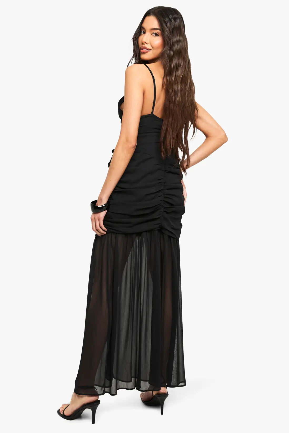 Black Chiffon Ruched Plunge Maxi Dress | Boohoo USA | boohoo (US & Canada)