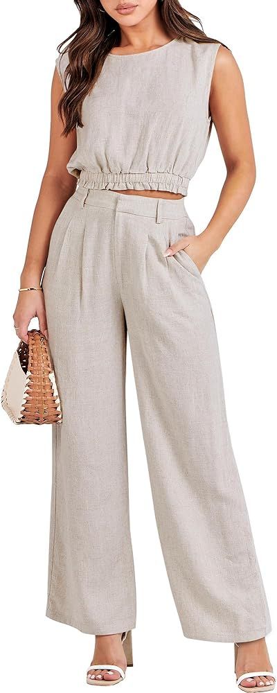 ANRABESS Women's 2 Piece Outfits Linen Crop Tank Top Lounge Matching Sets & Wide Leg Pants Tracks... | Amazon (US)