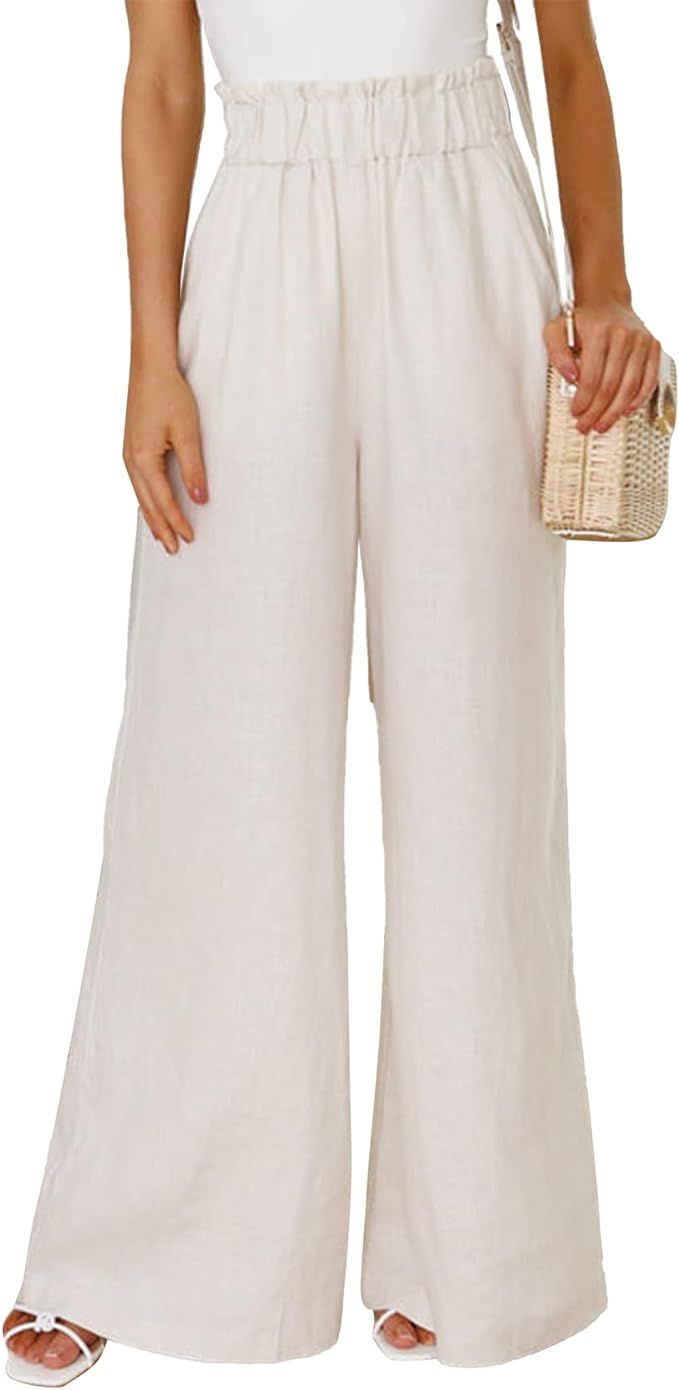 Duyang Womens Wide Leg Cotton Linen Pants Summer Loose Beach Palazzo Trouser Casual Elastic Waist... | Amazon (US)