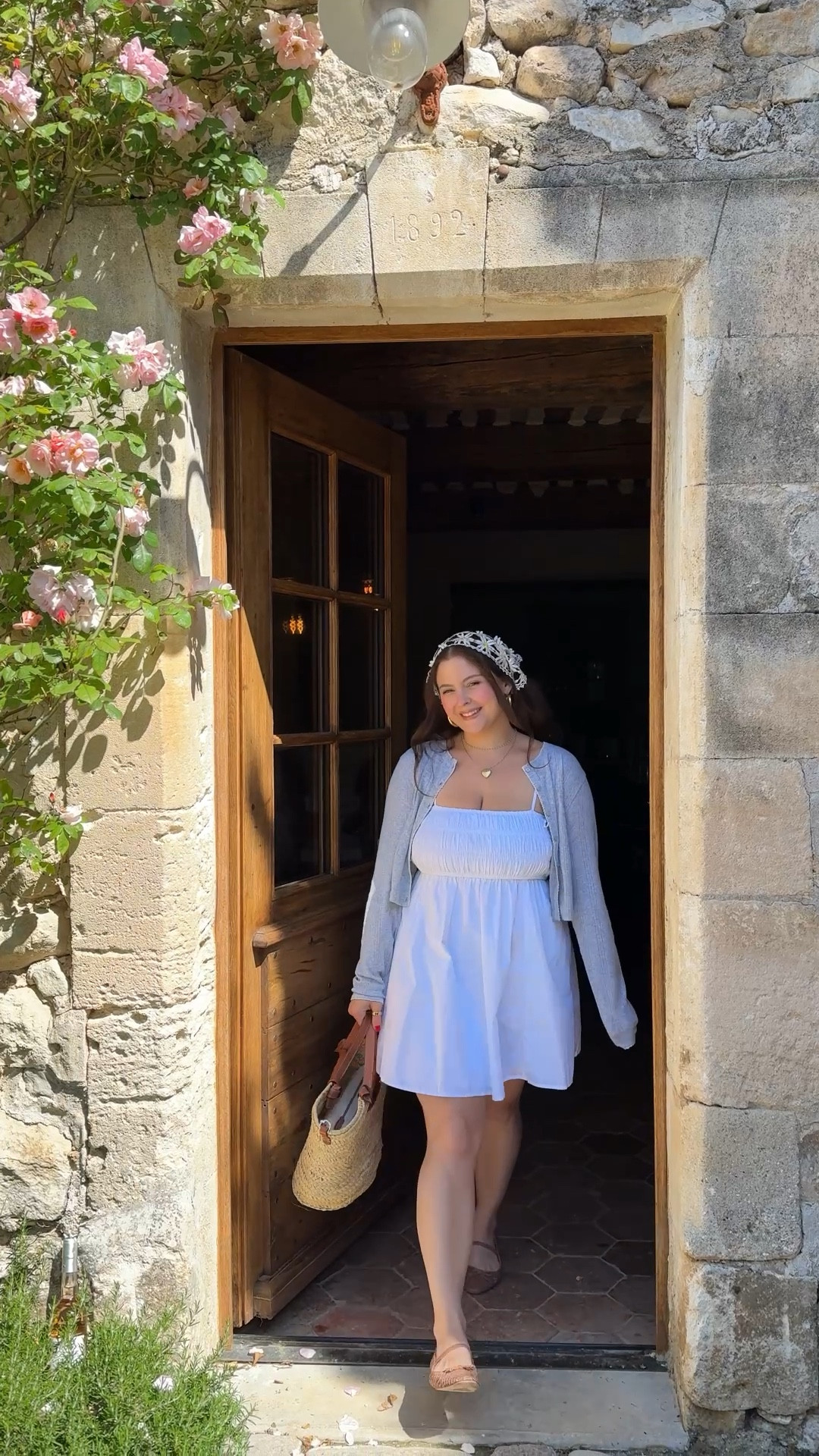 Abercrombie white smocked dress size m

Aerie pointelle gray cardigan 
Basket bag 
Head scarf daisy

#LTKFindsUnder50 #LTKStyleTip #LTKMidsize