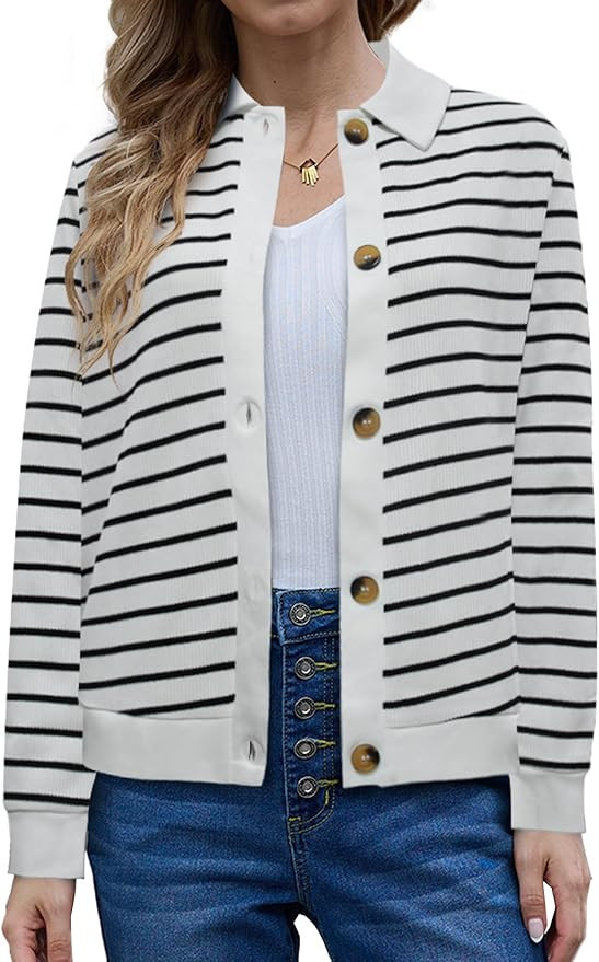 Women's Striped Cardigan Sweaters 2024 Long Sleeve Knit Lightweight Cardigan Fall Outfits Clothes... | Amazon (US)