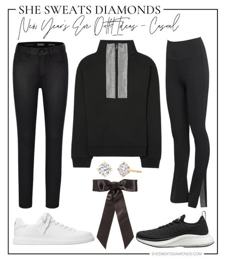 New Year’s Eve Casual Outfit Ideas:

—Rhinestone half zip

Option A: Black coated jeans and white leather sneakers

Option B: Rhinestone leggings and black and white sneakers

Accessorize with diamond stud earrings and put hair in a ponytail with a bow hair clip or in a bun!

#LTKstyletip #LTKSeasonal #LTKHoliday