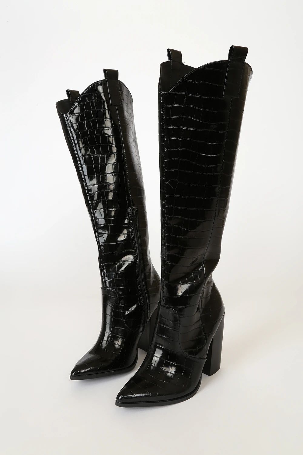 Vanya Black Exotic Crocodile Embossed Knee High Boots | Lulus (US)