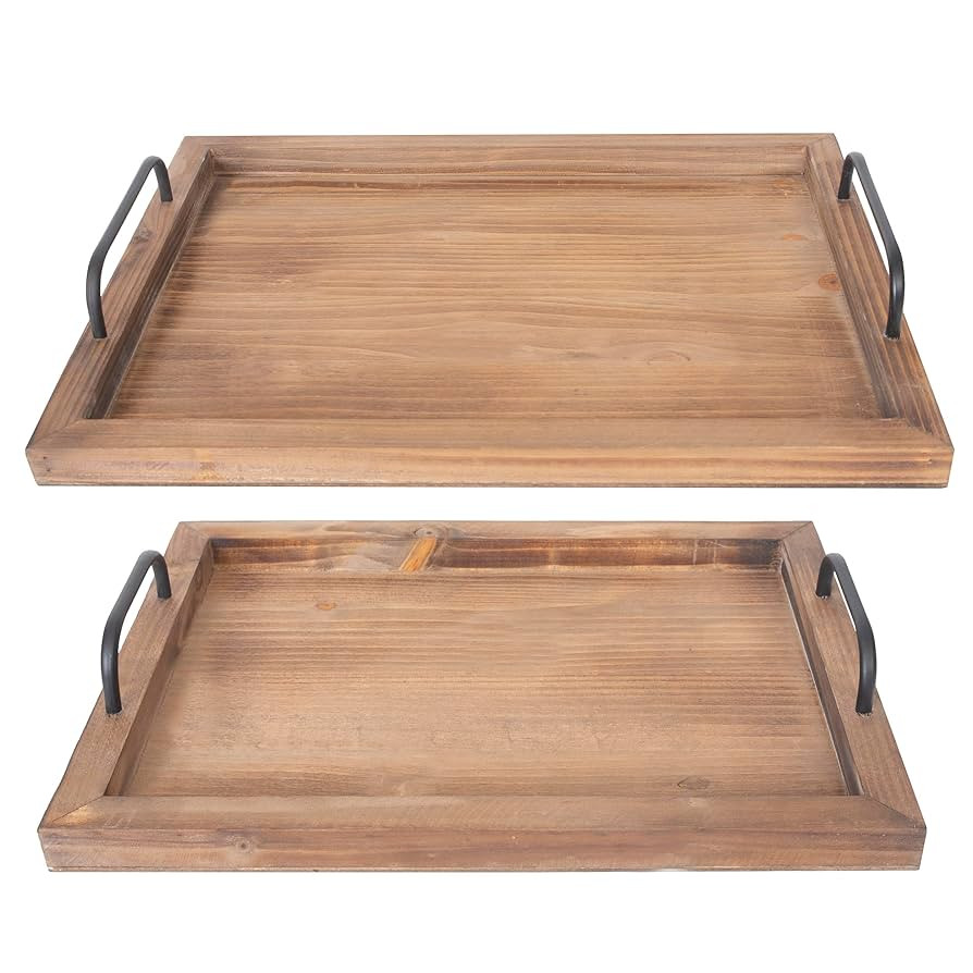 Besti Rustic Vintage Food Serving Trays (Set of 2) | Nesting Wooden Board with Metal Handles | St... | Amazon (US)