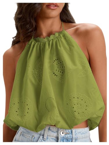 WDIRARA Women's Eyelet Embroidery Bubble Halter Crop Tops | Amazon (US)