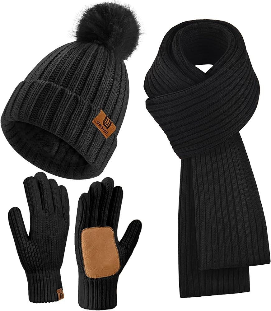 Womens Winter Beanie Hat Scarf Gloves Set Warm Knit Beanie with Pom Pom Long Scarf Touchscreen Gl... | Amazon (US)