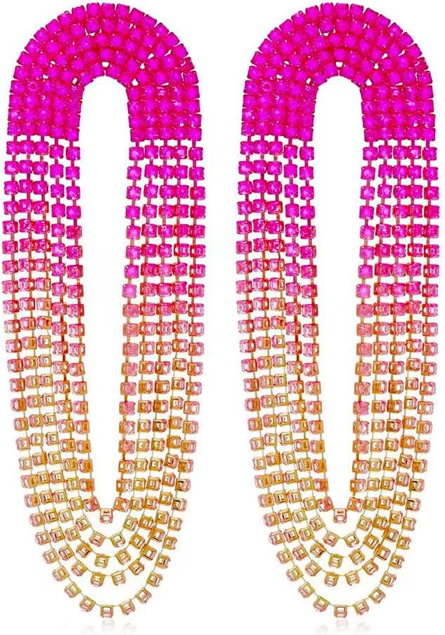 Pink Rhinestone Tassel Earrings for Women Girls Sparkly Linear Fringe Crystal Dangle Earrings Lon... | Amazon (US)