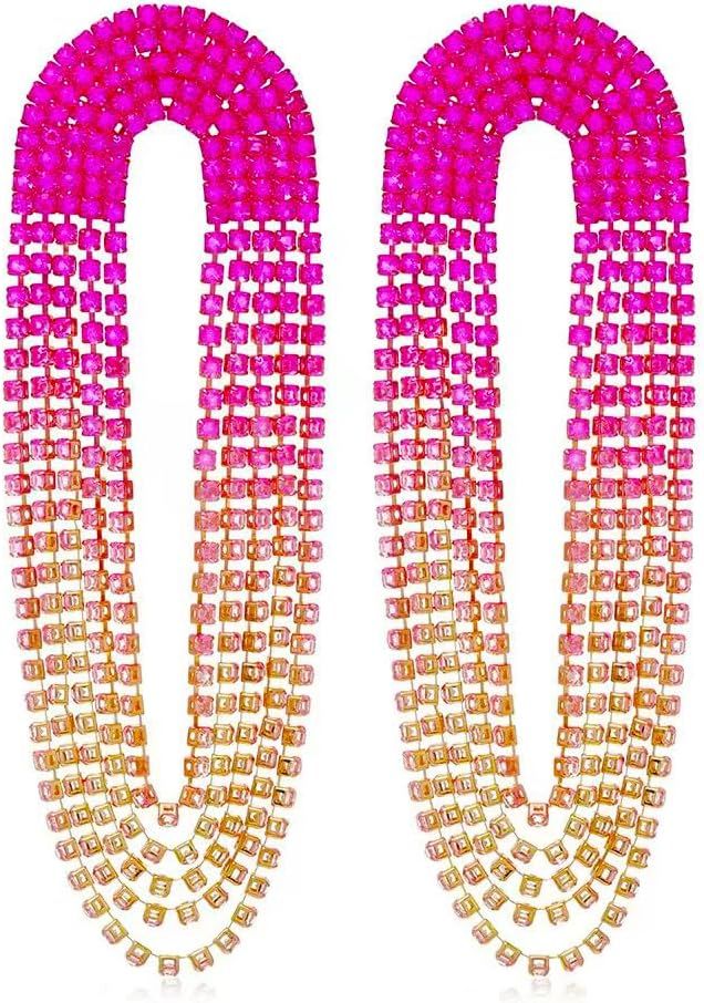 Pink Rhinestone Tassel Earrings for Women Girls Sparkly Linear Fringe Crystal Dangle Earrings Lon... | Amazon (US)