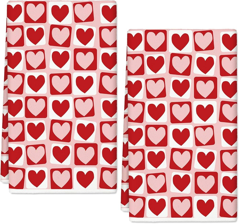Valentine's Day Kitchen Towel Red Pink Heart Plaids Dish Towels 18 x 28 Inch Love Heart Hand Dryi... | Amazon (US)