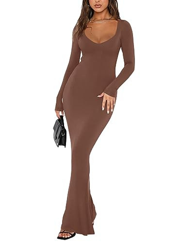REORIA Women's Sexy Casual V Neck Long Sleeve Lounge Long Dress Elegant Fall Wedding Guest Tight Ribbed Bodycon Maxi Dresses Coffee Large | Amazon (US)