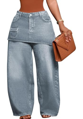 Unybwonn Barrel Jeans for Women High Waisted Baggy Distressed Patchwork Denim Pants Loose Wide Leg Y2k Jeans with Pocket Light Grey | Amazon (US)