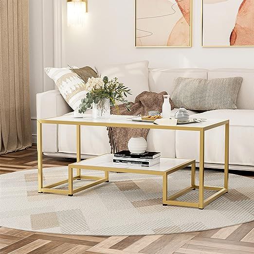 Modern Marble Coffee Table with Gold Metal Frame and Storage Shelf, 2 Tier Living Room Center Tab... | Amazon (US)