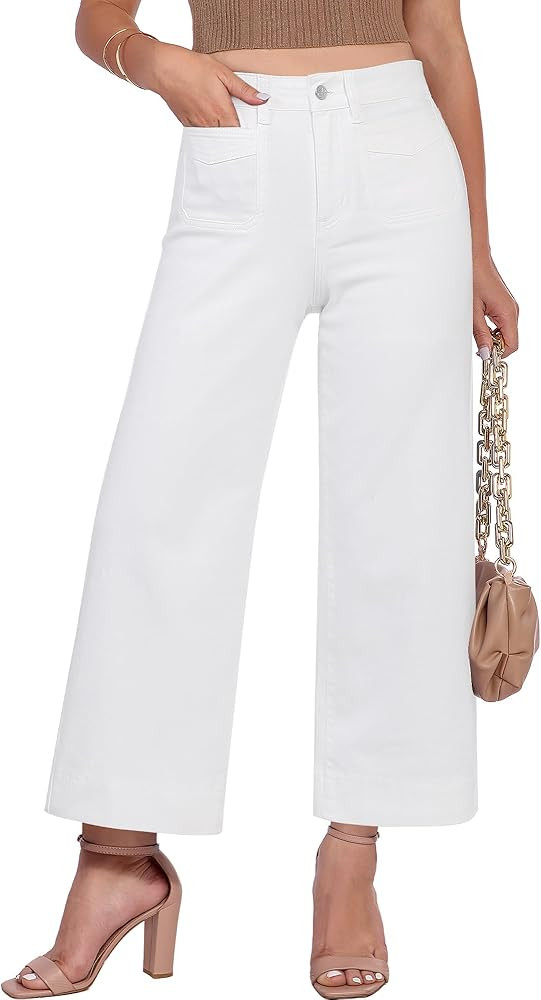 GRAPENT Cropped Jeans for Women Trendy 2026 Wide Leg High Waisted Patch Pocket Stretchy Denim Pan... | Amazon (US)