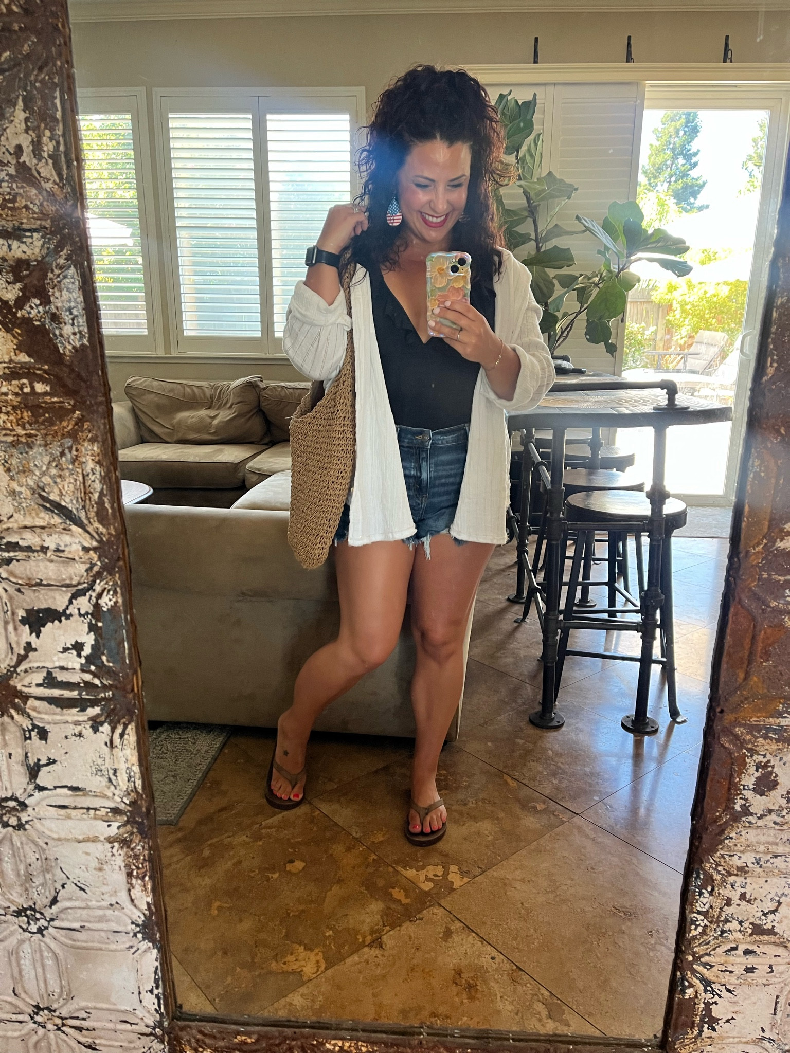 Fourth of July pool party outfit! 
My gauzy linen button up shirt doubles as a cover up. I’m wearing small in my top and denim shorts. These shorts are awesome, because they have an elastic waist, but still have a zipper and button. My swimsuit is CupShe and I’m wearing a medium. 

Petite style
Vacation look

#LTKOver40 #LTKTravel #LTKSwim